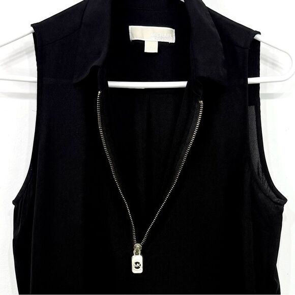 MICHAEL Michael Kors Black Semi Sheer Collared Gold Half Zip Sleeveless Blouse - Picture 7 of 14